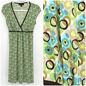 Connected Womens Y2K Retro Mod Geometric Print Babydoll Midi Dress Size 8 Green